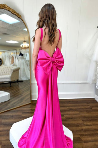 Hot Pink Mermaid Square Neck Backless Long Satin Prom Dress with Bowknot