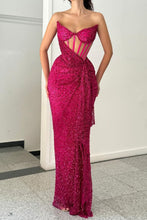 Load image into Gallery viewer, Hot Pink Sequin Mermaid Strapless Long Formal Party Dress with Slit
