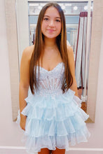 Load image into Gallery viewer, Light Blue A-Line Sweetheart Lace Up Short Tiered Tulle Homecoming Dress
