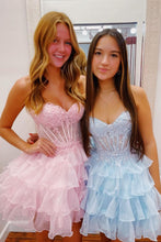 Load image into Gallery viewer, Light Blue A-Line Sweetheart Lace Up Short Tiered Tulle Homecoming Dress
