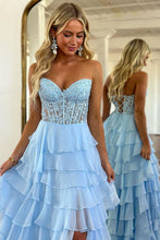 Load image into Gallery viewer, Light Blue A-Line Sweetheart Long Lace And Chiffon Prom Dress With Slit
