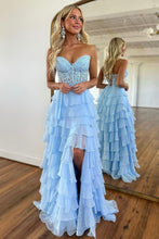Load image into Gallery viewer, Light Blue A-Line Sweetheart Long Lace And Chiffon Prom Dress With Slit
