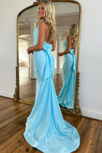 Load image into Gallery viewer, Light Blue Mermaid Halter Neck Backless Long Satin Prom Dress With Bowknot
