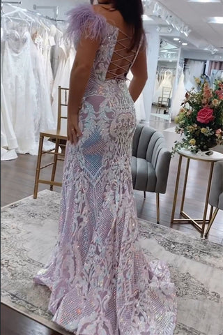 Light Purple Mermaid Long Glitter Prom Dress With Split And Feather