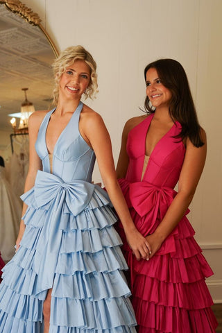 Lovely A-Line Halter Neck Long Tiered Satin Prom Dress with Slit and Bowknot