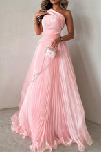 Load image into Gallery viewer, Lovely A-Line One Shoulder Pink Long Pleated Tulle Prom Dress
