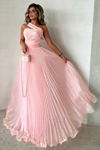 Lovely A-Line One Shoulder Pink Long Pleated Tulle Prom Dress