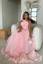 Load image into Gallery viewer, Lovely A-Line One Shoulder Pink Long Pleated Tulle Prom Dress
