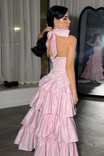 Load image into Gallery viewer, Lovely Pink A-Line Halter Neck Long Tiered Satin Formal Party Dress
