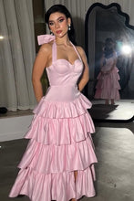 Load image into Gallery viewer, Lovely Pink A-Line Halter Neck Long Tiered Satin Formal Party Dress
