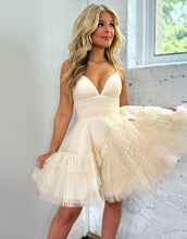 Load image into Gallery viewer, A Line Pink Tulle Short Homecoming Dress Spaghetti Straps with Ruffles
