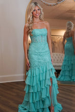 Load image into Gallery viewer, Mint Green Mermaid Strapless Lace Top Long Tiered Prom Dress
