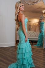 Load image into Gallery viewer, Mint Green Mermaid Strapless Lace Top Long Tiered Prom Dress
