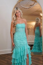 Load image into Gallery viewer, Mint Green Mermaid Strapless Lace Top Long Tiered Prom Dress
