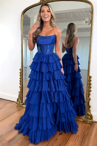 Dark Blue Strapless A-Line Sparkly Long Layered Chiffon Prom Dress With Slit