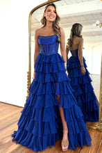 Load image into Gallery viewer, Dark Blue Strapless A-Line Sparkly Long Layered Chiffon Prom Dress With Slit
