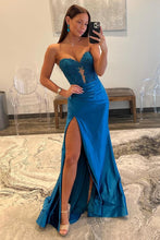 Load image into Gallery viewer, Navy Blue Sweetheart Mermaid Long Satin Prom Dress With Split
