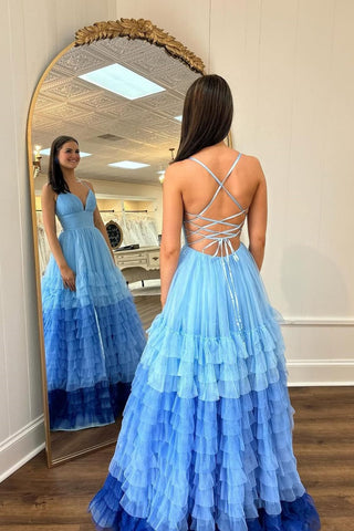 Ombre Blue A-Line Spaghetti Straps Lace Up Long Tulle Prom Dress