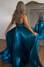 Load image into Gallery viewer, Peacock Blue Halter Neck A-Line Long Prom Dress With Split
