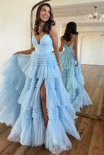 Load image into Gallery viewer, Stunning A-Line Spaghetti Straps Long Tiered Tulle Prom Dress With Split
