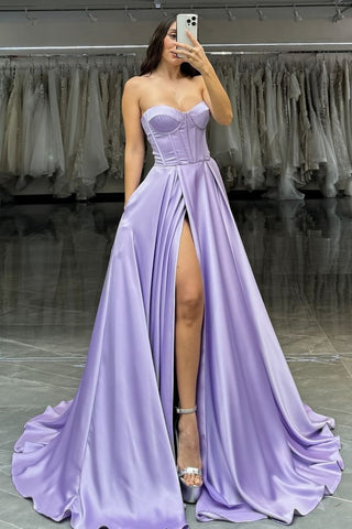 Pretty A-Line Sweetheart Long Satin Prom Party Dress with High Slit