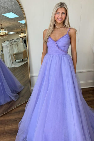 Purple Princess A-Line Spaghetti Straps Long Tulle Prom Dress