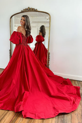 Red A-Line Off The Shoulder Court Train Satin Prom Dress With Split