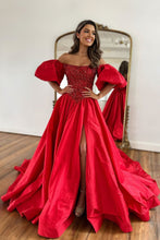 Load image into Gallery viewer, Red A-Line Off The Shoulder Court Train Satin Prom Dress With Split
