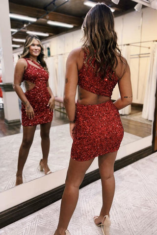 Red Sequin One Shoulder Cutout Waist Short Tight Homecoming Dress