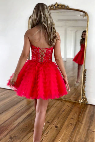 Red A-Line Sweeteart Lace Up Back Short Tulle Homecoming Dress