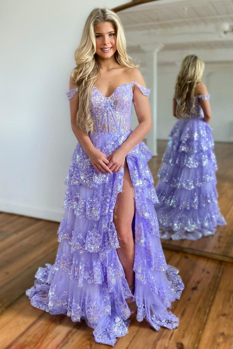 Luuvis Stunning Glitter A-Line Off The Shoulder Long Tiered Prom Dress ...