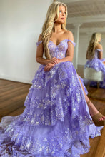 Load image into Gallery viewer, Sparkly Hot Pink A-Line Off The Shoulder Long Tiered Prom Dress With  Appliques
