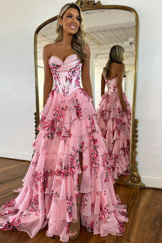 Stunning Pink A-Line Sweetheart Long Print Tiered Prom Dress with Leg Slit