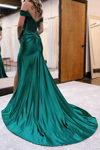 Mermaid Off The Shoulder Sweep Train Long Satin Prom Dress With Slit