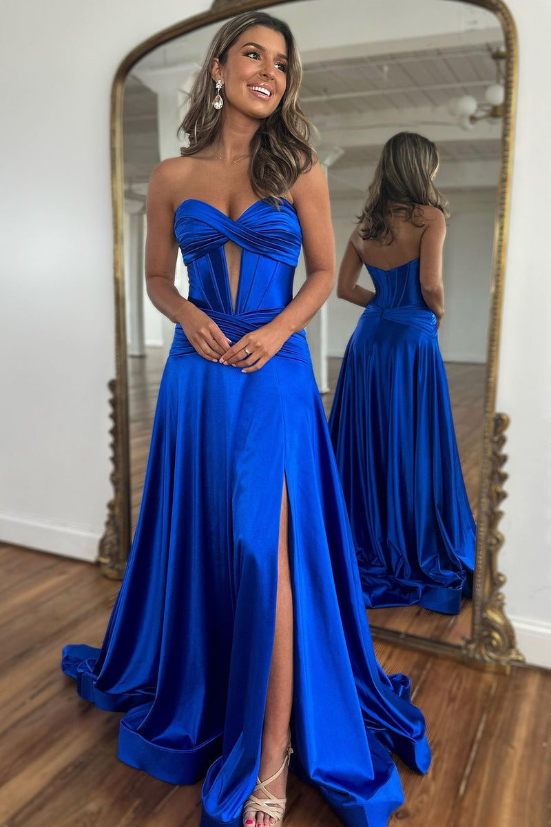 Luuvis Royal Blue Satin A-Line Strapless Long Prom Dress With Split