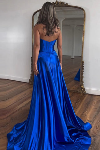 Royal Blue Satin A-Line Strapless Long Prom Dress With Split