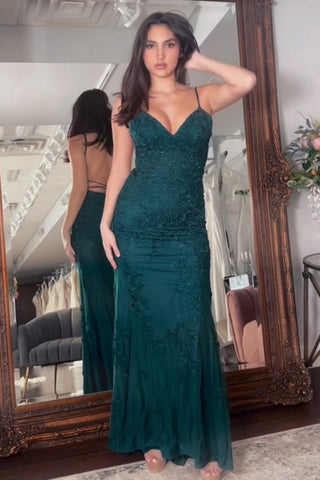 Sark Green Mermaid Spaghetti Straps Backless Long Prom Dress With Appliques