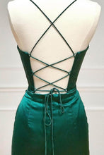 Load image into Gallery viewer, Satin Mermaid Spaghetti Straps Lace Up Dark Green Long Prom Dress With Split

