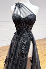 Load image into Gallery viewer, Sexy Black A-Line One Shoulder Long Prom Dress With Appliques
