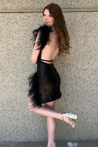 Sexy Black V-Neck Short Glitter Homecoming Dress With Feather