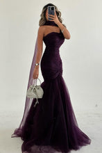 Load image into Gallery viewer, Sexy Mermaid Dark Purple Strapless Long Tulle Prom Dress with Ribbon
