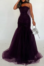 Load image into Gallery viewer, Sexy Mermaid Dark Purple Strapless Long Tulle Prom Dress with Ribbon
