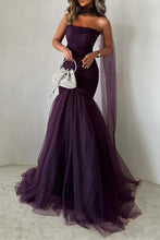 Load image into Gallery viewer, Sexy Mermaid Dark Purple Strapless Long Tulle Prom Dress with Ribbon
