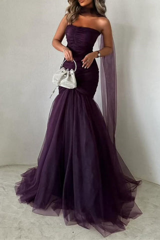 Sexy Mermaid Dark Purple Strapless Long Tulle Prom Dress with Ribbon