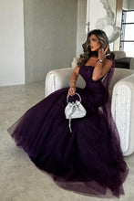 Load image into Gallery viewer, Sexy Mermaid Dark Purple Strapless Long Tulle Prom Dress with Ribbon
