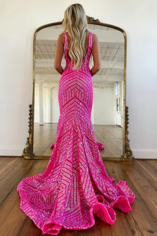 Sparkly Sequin Mermaid V-Neck Open Back Long Prom Dress