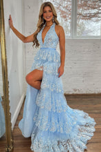 Load image into Gallery viewer, Sparkly Light Blue A-Line Halter Backless Long Tiered Prom Dress With Slit
