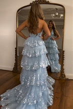 Load image into Gallery viewer, Sparkly Light Blue A-Line Halter Backless Long Tiered Prom Dress With Slit
