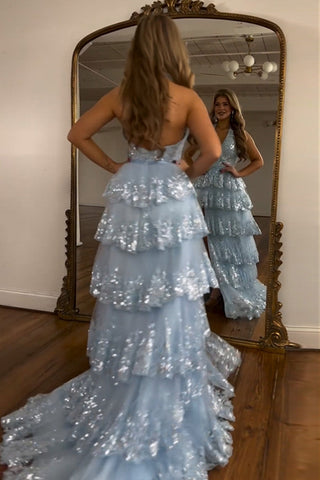 Sparkly Light Blue A-Line Halter Backless Long Tiered Prom Dress With Slit