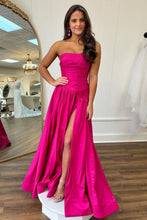 Load image into Gallery viewer, Simple A-Line Hot Pink Strapless Long Satin Prom Dress with Slit
